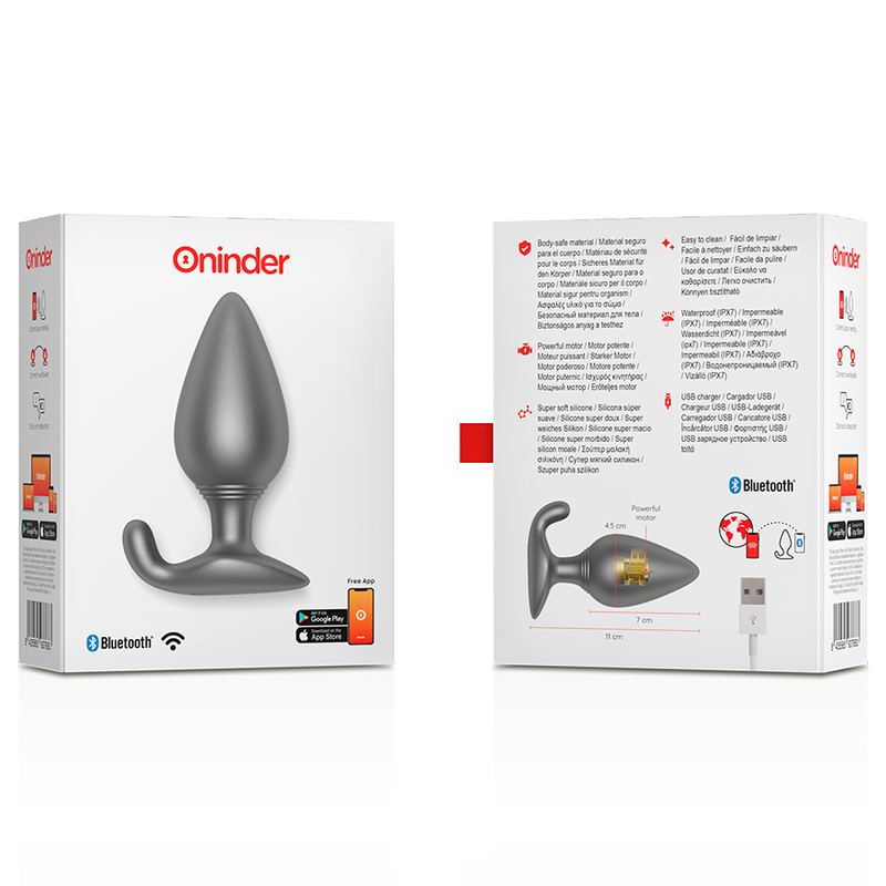 Embalaje original del vibrador anal Rio de la marca Oninder. Vista frontal y trasera