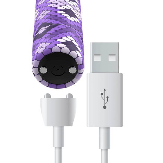 Detalle en primer plano del vibrador bala con estampado serpiente violeta junto al cable de carga USB