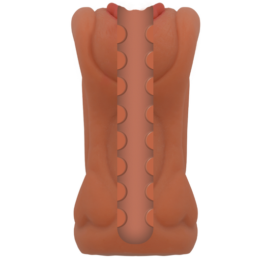 Vista interna de la manga masturbadora de TPR con canal vaginal texturizado para una estimulación realista