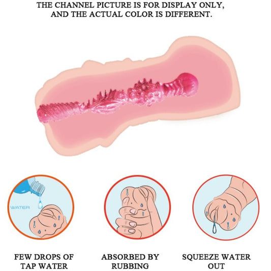 Esquema del masturbador vaginal Crazy Bull mostrando la estructura interna texturizada y el proceso de limpieza con agua mediante compresión manual