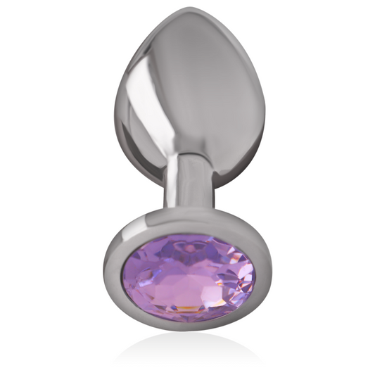 Vista de la base ergonómica con cristal violeta del plug anal metálico.