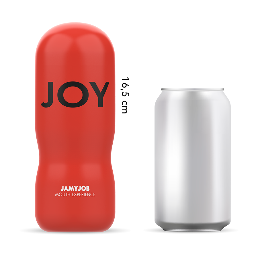 omparación de tamaño del masturbador Jamyjob Joy de 16,5 cm mostrando su diseño compacto y discreto.