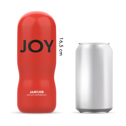 omparación de tamaño del masturbador Jamyjob Joy de 16,5 cm mostrando su diseño compacto y discreto.