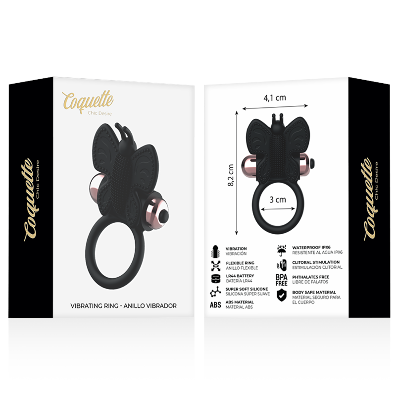 COQUETTE CHIC DESIRE - COCKRING PAPILLON AVEC VIBRATEUR NOIR/ OR - Naturel Ethique