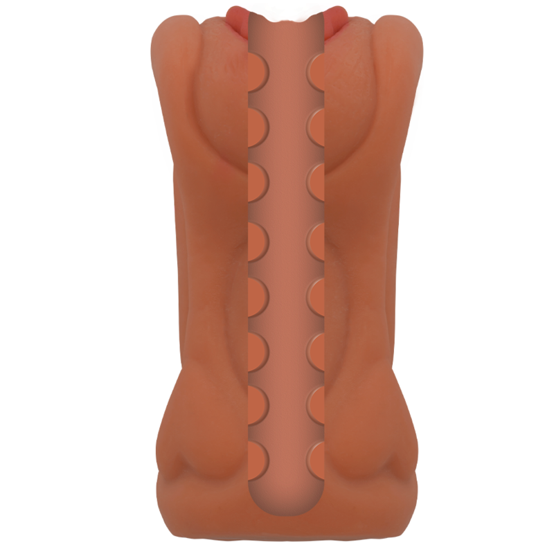 Vista interna de la manga masturbadora de TPR con canal vaginal texturizado para una estimulación realista