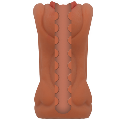 Vista interna de la manga masturbadora de TPR con canal vaginal texturizado para una estimulación realista