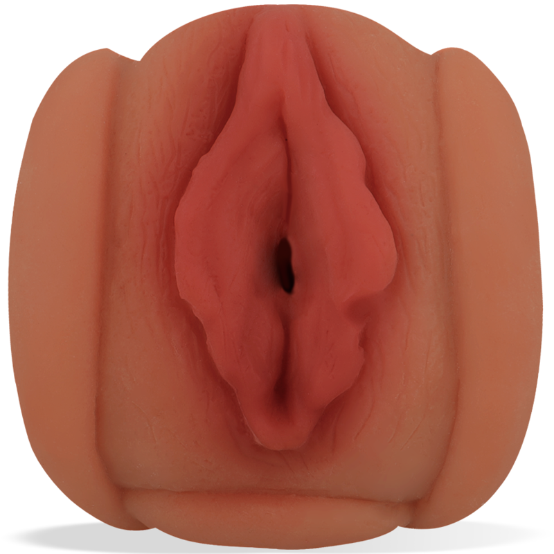 Vista frontal de la manga masturbadora masculina de TPR con forma de vagina y apertura realista