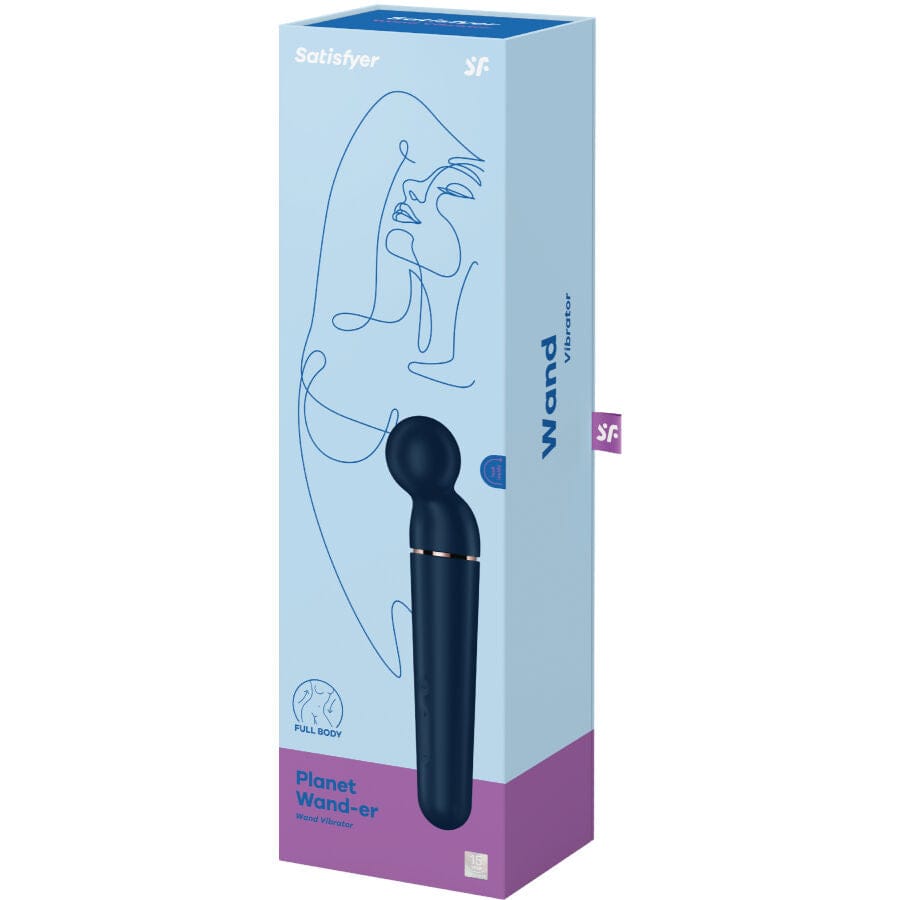 Masajeador corporal Satisfyer Planet Wand-er en color azul profundo junto a su packaging original, vibrador potente con cabezal redondo de silicona para masaje de cuerpo entero.