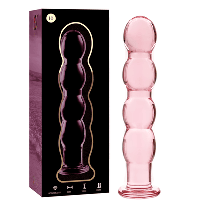Dildo de cristal borosilicato con perlas con su packaging Nebula Series
