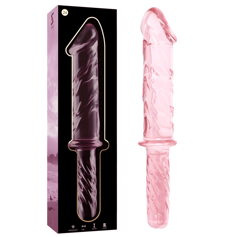 Dildo de cristal borosilicato realista XXL con su packaging Nebula Series
