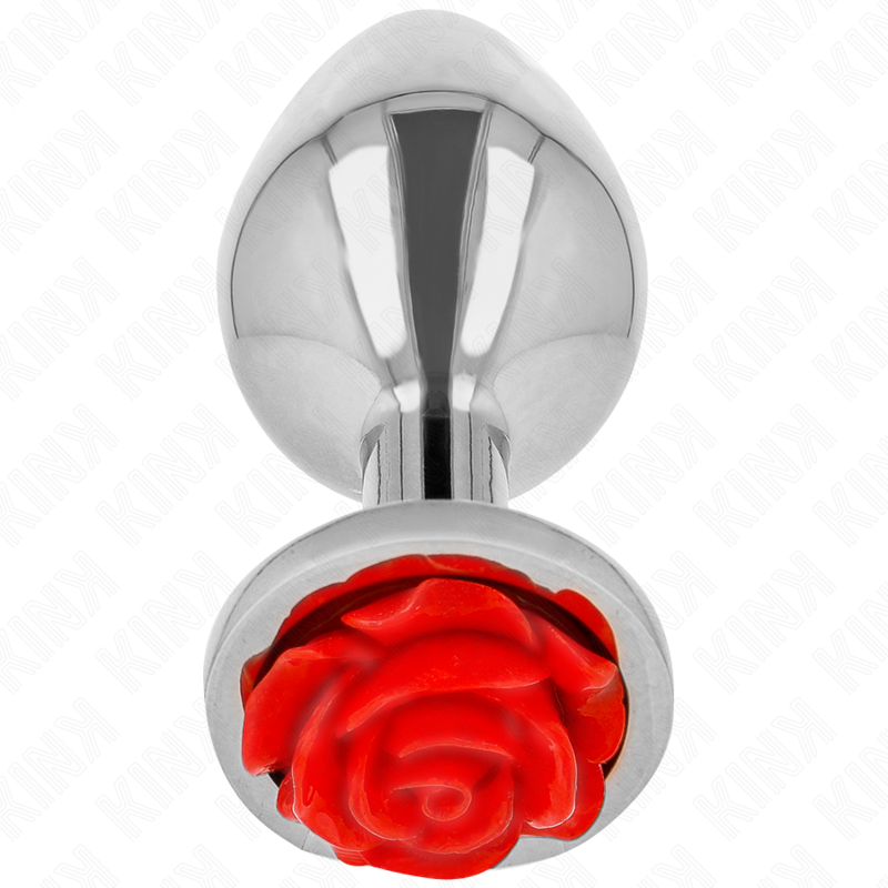 Plug anal de acero inoxidable pulido con base ornamental de rosa roja.