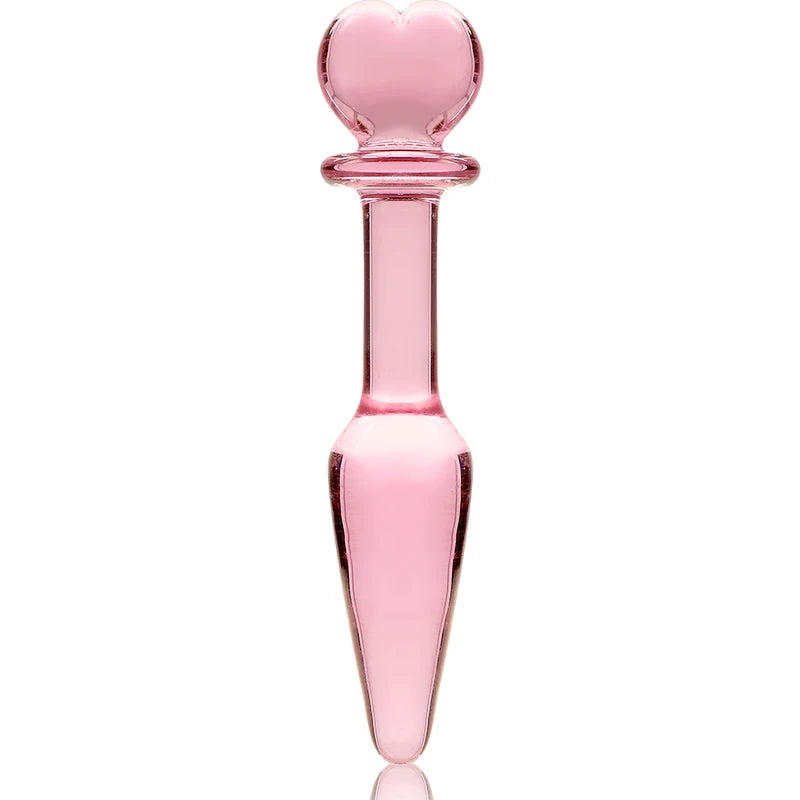 Plug anal de cristal borosilicato rosa con punta de corazón