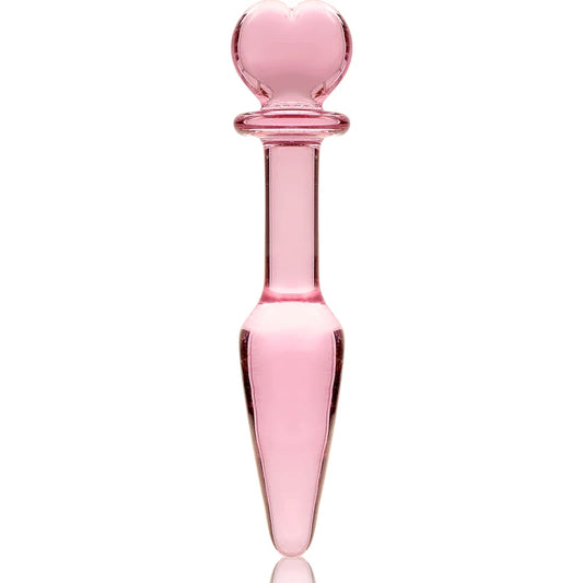 Plug anal de cristal borosilicato rosa con punta de corazón