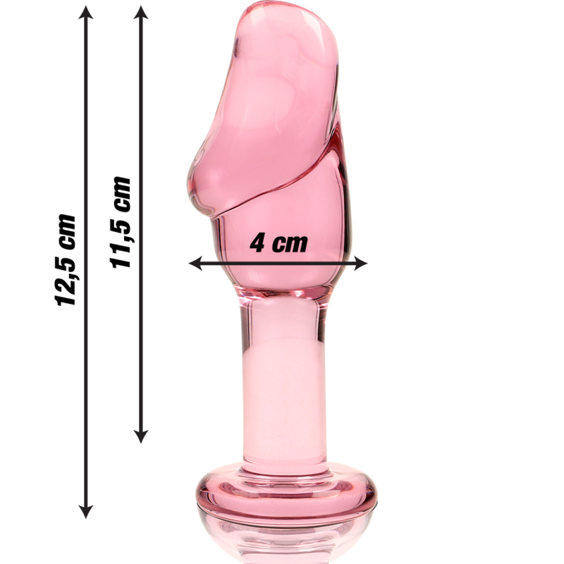 Dimensiones del plug anal de cristal rosa con diseño curvo 12.5 cm de longitud y 4 cm de diámetro.