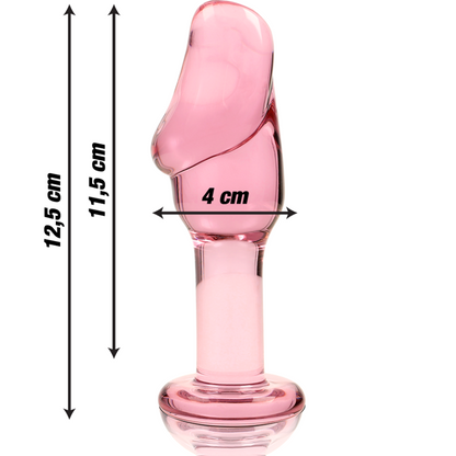 Dimensiones del plug anal de cristal rosa con diseño curvo 12.5 cm de longitud y 4 cm de diámetro.