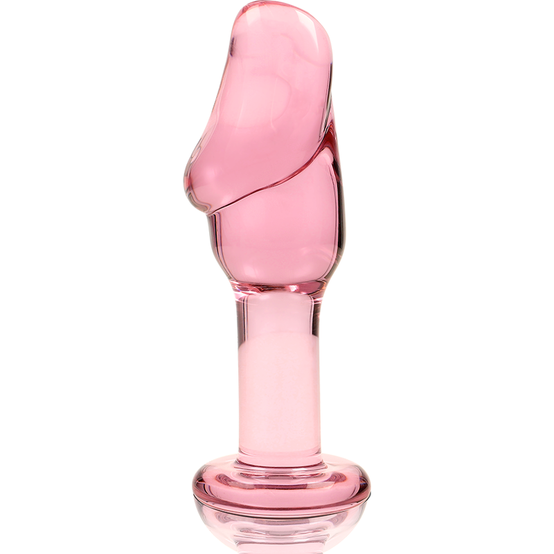 Plug anal de cristal borosilicato rosa con diseño curvo ergonómico.