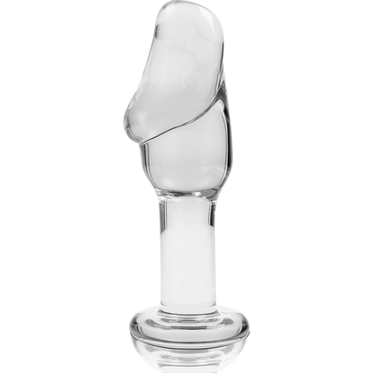 Plug anal de cristal borosilicato transparente con base de seguridad.