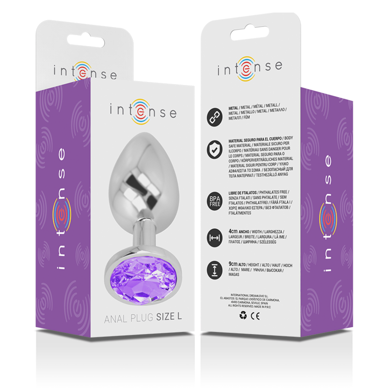 Caja del plug anal metálico Intense con joya brillante color violeta.