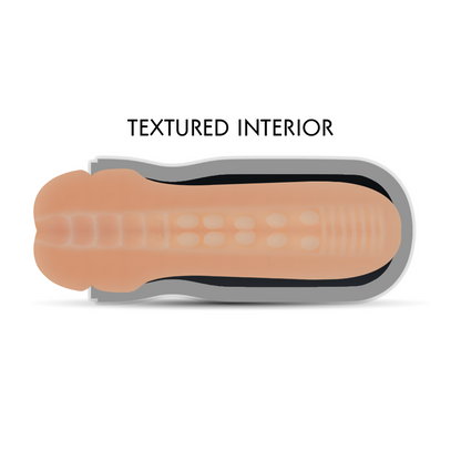 Corte transversal del masturbador Jamyjob mostrando la textura interior con relieves y canales estimulantes.