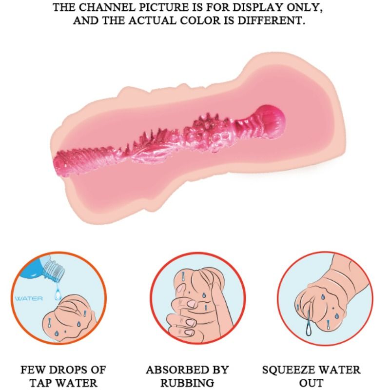 Esquema del masturbador vaginal Crazy Bull mostrando la estructura interna texturizada y el proceso de limpieza con agua mediante compresión manual
